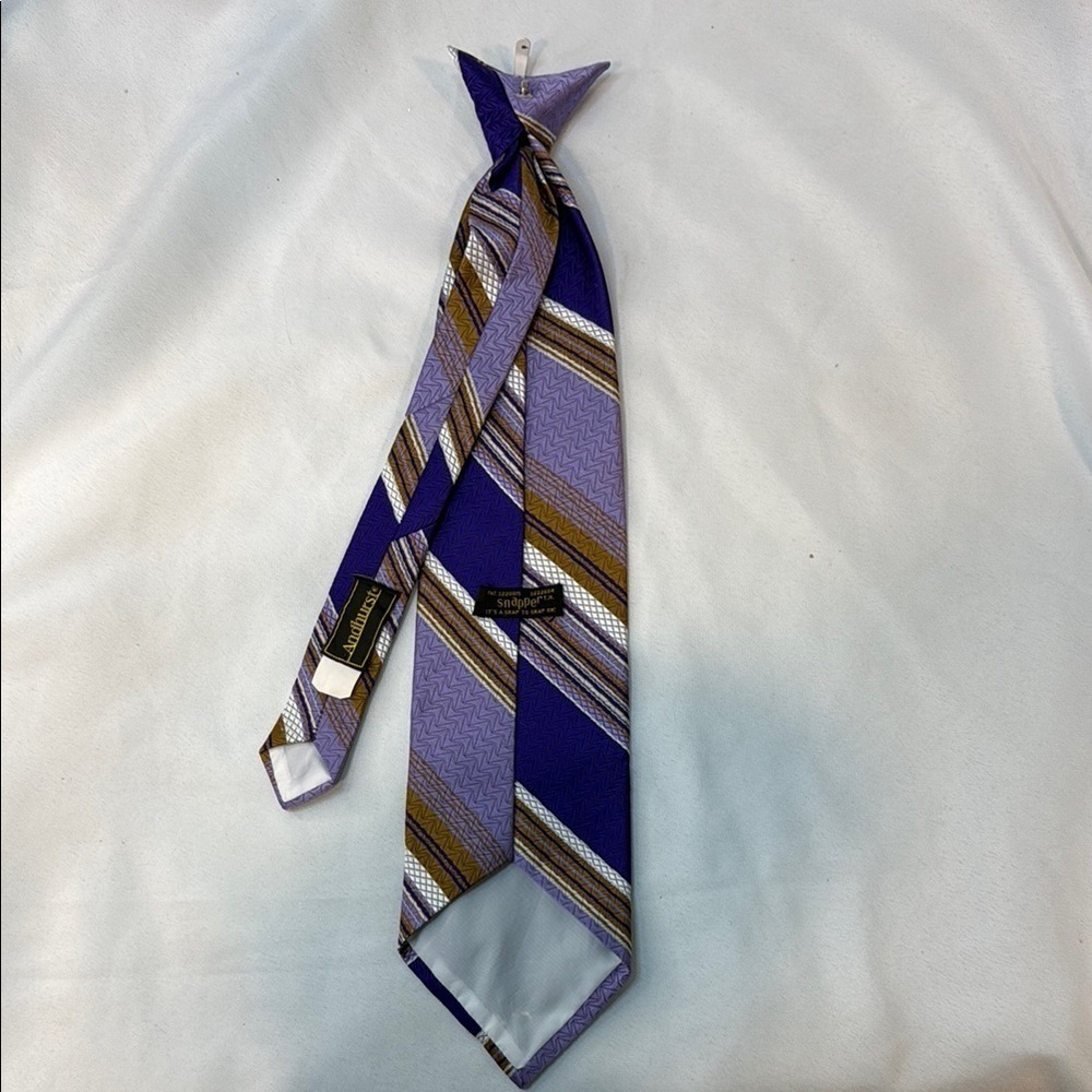 Vintage 1970’s Andhurst Men’s Clip-On, Snapped(TM), Striped Tie, Purple&Gold - Picture 3 of 14